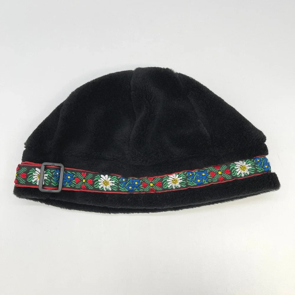 Polar Mitts Fleece Hat OS Black Faux Fur Floral Edelweiss Nordic Après Ski Lodge